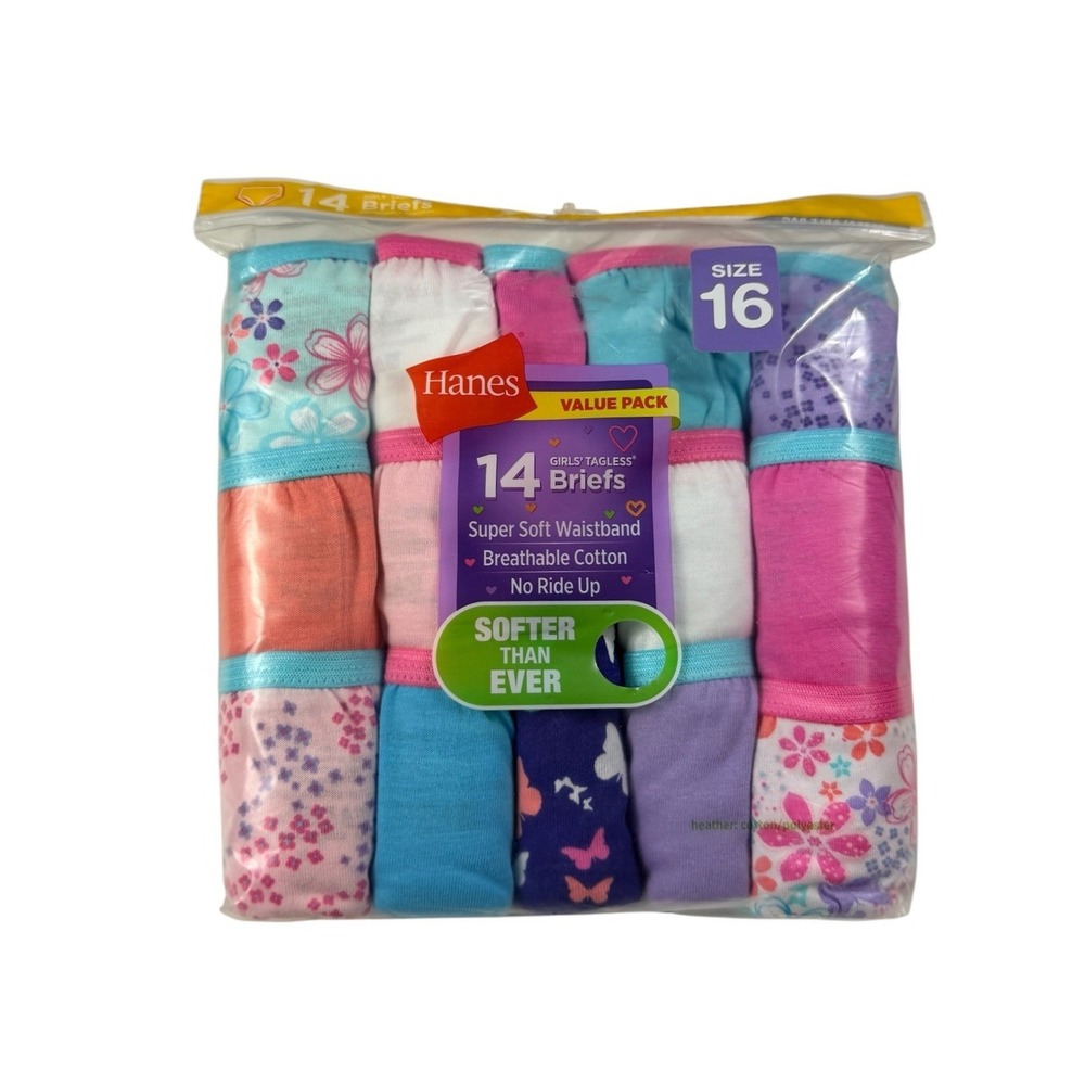 Hanes Girls Tagless Briefs 14 Pack Size 16 Cotton Underwear Assorted Prints NEW